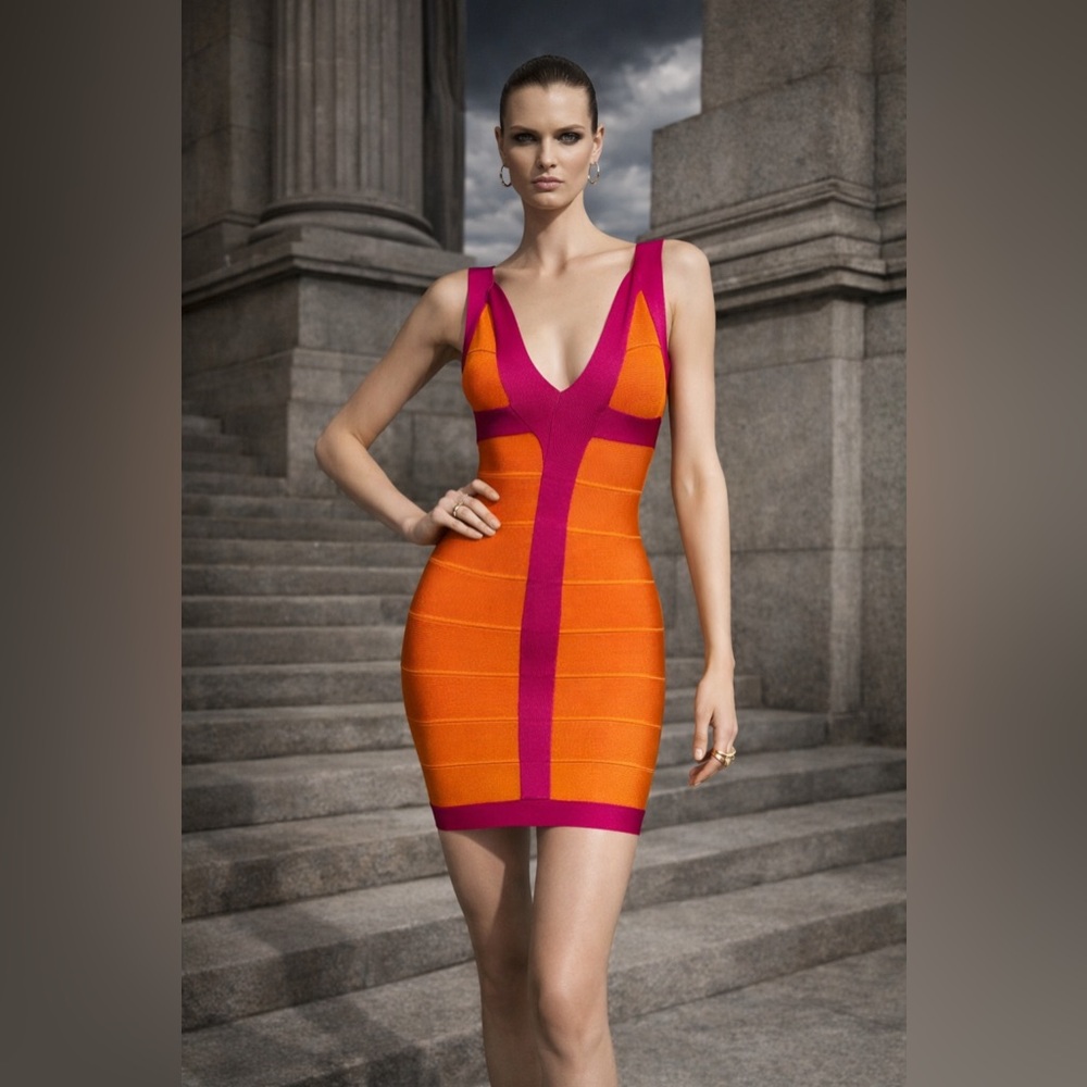 Custom-Made Vibrant Orange & Pink Bodycon Bandage Dress – XS